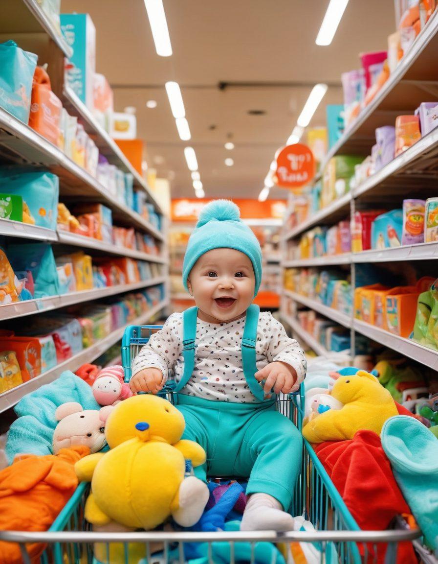A joyful family happily shopping for baby items, surrounded by vibrant discounts and price tags showcasing incredible deals. The scene includes a playful baby in a shopping cart filled with toys, diapers, and clothes, with a colorful background of a baby store. Bright, bold colors to convey excitement and savings. super-realistic. vibrant colors. lively atmosphere.