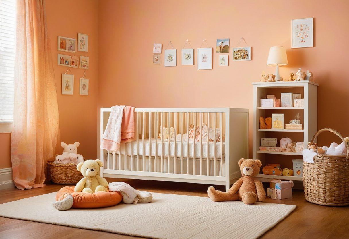 A cozy nursery setting featuring a cheerful parent cradling an infant, surrounded by colorful yet practical baby gear like reusable diapers and DIY toys. Incorporate playful visual elements such as money-saving tips written on whimsical note cards scattered around the room, with a soft, warm light illuminating the scene. Emphasize a sense of warmth, love, and creativity in parenting. super-realistic. warm colors. soft focus.