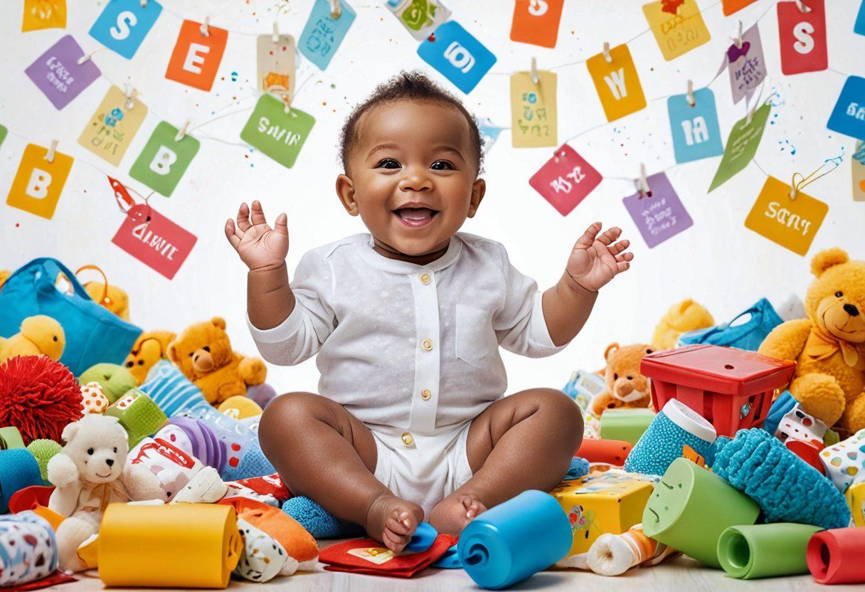 A joyful baby surrounded by colorful discount tags and playful toys, showcasing various freebies like baby products and coupons flying around. Bright and cheerful atmosphere to evoke excitement about savings. Incorporate vibrant colors and a soft, inviting background to emphasize the theme of savings for parents. super-realistic. vibrant colors. white background.